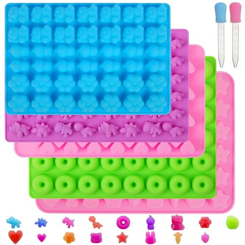 Silikon Süßigkeiten Formen, 5 Stk Weichgelee Form, SüßIgkeiten Backform, Mini Silikonformen, Antihaft Lebensmittel Formen Mit 2 Tropfern, EinschließLich Früchte, Dinosaurier, Tier, Pfote, Donut, Herz