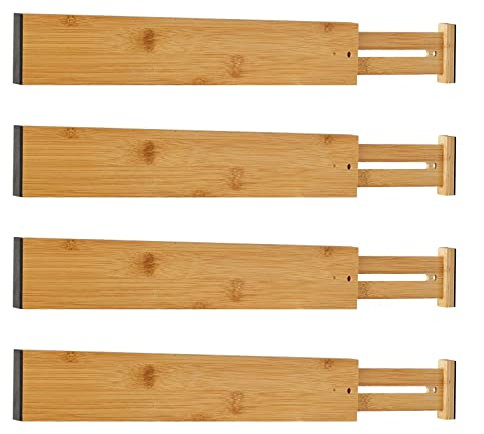 Schubladen Ordnungssystem aus natürlichem Bambus Schubladentrenner Verstellbar (43-56 cm) Küche Organizer gefedert Trennsystem Schubladenteiler für Badezimmer, Schlafzimmer, Kommode und Büro, 4er-Set