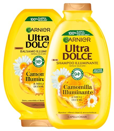 Garnier Ultra Dolce Shampoo + Balsamo Camomilla Illuminante Ammorbidente per Capelli Chiari con Miele di Fiori Idratante Districante Ammorbidente Protettivo Ingredienti di Origine Naturale - 2 Flaconi