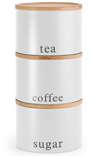 EHC Tea, Coffee, Sugar, Canister Set, Set of 3 Stackable Airtight Food Storage Easy to Open Storage Canisters Jars Tin, White