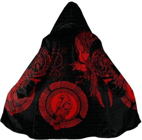 Nordisch Kaftan Herren, 3D Druck Blutige Krähe Tattoo, Mode Lässige Sherpa Futter Parka, Mittelalter Hornschnalle Kaschmir Mantel, EIN Muss für Viking-Fans(XXL)