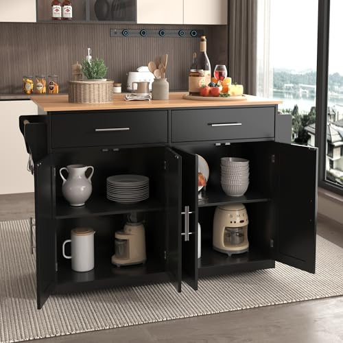 DRIXNO Kücheninsel Küchenschrank mit arbeitsplatte mit Klappbarer Tischplatte, 120x46(70) x91 cm, Schwarz mit Rollen und austauschbaren Holzbeinen, Kitchen Island Freistehend, für Küche und Esszimmer