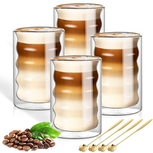 Latte Macchiato Gläser 400ml 4er Set Doppelwandige Kaffeegläser mit 4 Löffeln Spiralförmig Cappuccino Tassen Eiskaffee Gläser Thermogläser aus Borosilikatglas