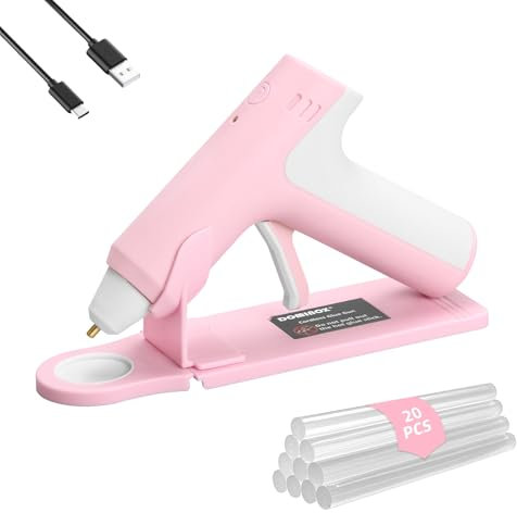 DOMINOX Pistola de Pegamento Caliente Inalámbrica con 20 Barras de Silicona, Calentamiento Rápido de 25S, Batería Recargable 2000mAh Type-C, Apagado inteligente, para Arte, Artesanía, DIY, Rosa