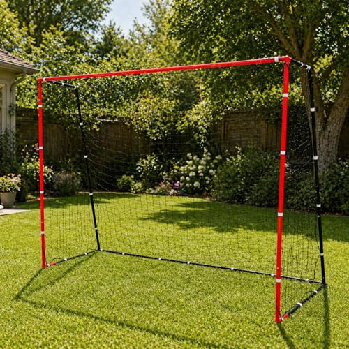 Rexco Football Goal Net 3m x 2m Portable Garden Soccer Goal – Durable Training Practice Net with Frame, Black & Red