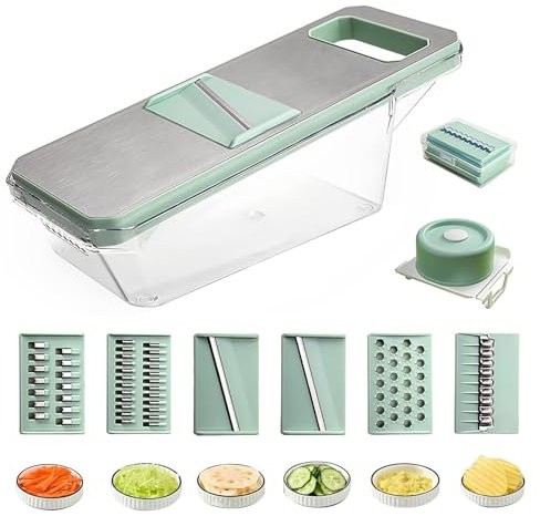 7 in 1 Edelstahl Mandoline Gemüsehobel & Küchenreibe – Gurkenhobel für dünne Scheiben, Reibe für Gemüse & Vegetable Chopper | Profi Gemüseschneider mit Schnell-Schneide-Technik – Ideal für Salat