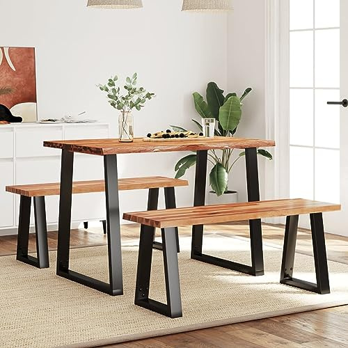 Teenpull Gruppo da pranzo in legno massiccio di acacacia, gambe in acciaio a forma di U, robusto tavolo da pranzo e panche per cucina, sala da pranzo