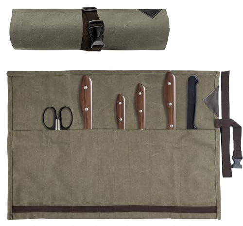 Sweetfularyeen Messer Tasche, 8 Fächer, Faltbare Aufbewahrungsrolle, Nimmt Messer Bis zu 10 cm Länge auf, Kochmesser-Tasche, Umlaufender Kordelzug, Geeignet für Camping, Picknick, Küche