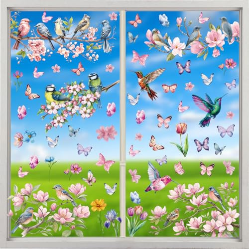 9 fogli, 69 pezzi, per finestre a primavera, autoadesive, per finestre con fiori, uccelli, decorazione primaverile, adesivi in PVC, riutilizzabili su entrambi i lati, per finestre di vetro
