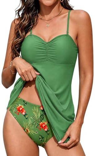 Rayson Costume da Bagno Donna 2 Pezzi Ruffle Push up Curvy Piega Tankini Donna Mare e Slip da Bagno Beachwear Controllo Pancia(Fiori Verdi,XXL)