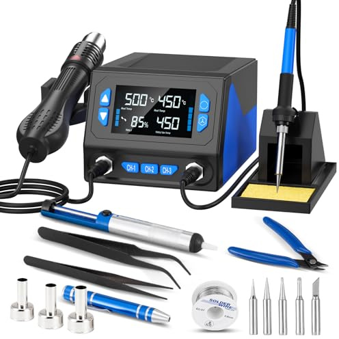 Lötstation,2-in-1 Heißluftlötstation Set 750W,Profi Lötkolben Einstellbare Temperatur 100~500°C mit LCD Displayanzeige,5 Lötspitzen, °C/°F Umrechnung,Standby Funktion,Lötstation für Profi