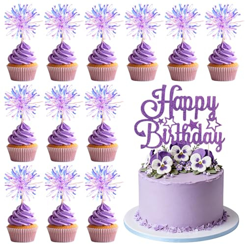 Decorazione Torta Compleanno, 21 PCS Topper Happy Birthday Glitter Viola con Picks Cupcake Fuochi d’Artificio, Cake Topper Compleanno, Kit Decorazioni Torta per Festa Compleanno Bambina