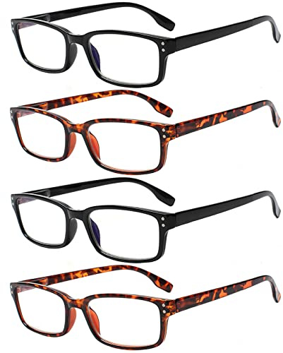 Kerecsen 4 Pack Reading Glasses for Men and Women with Spring Hinges, Lightweight Black Rectangular Readers Eyeglasses (2 Black 2 Tortoise, 2.50)