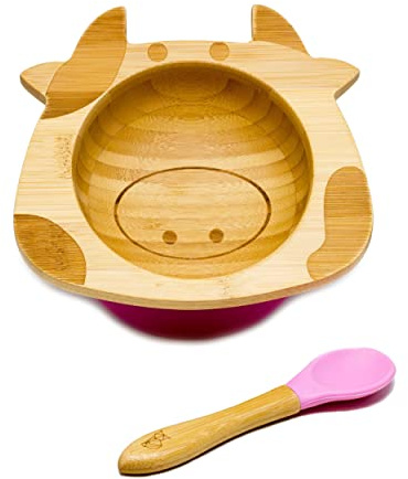 Kleiner Fuchs Bambus Baby Schüssel Mit Saugnapf, Hochwertiges Geschirr Set Inkl. Löffel und Geschenkbox - Design Kuh