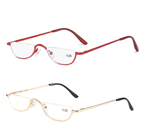 KoKoBin 2 Paires Lunettes de Vue Lecture Demi Lune ，Lunette Pour Lire Mince Demi-Monture en métal, Printemps Charnières Lunette Femme et Homme(rouge, or)+2.5