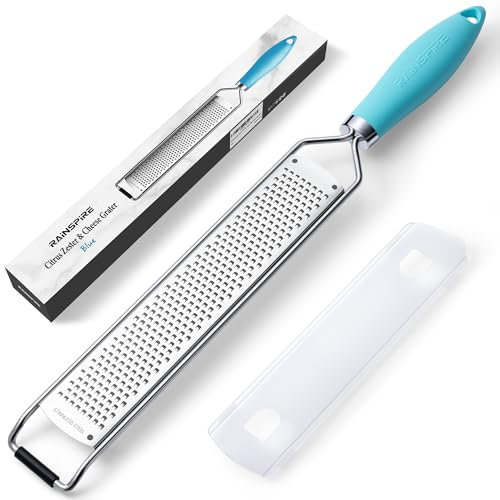 Rainspire Zester Grater with Handle, Lemon Zester Cheese Grater for Kitchen Stainless Steel, Parmesan Cheese Garlic Nutmeg Chocolate Fruits Vegetables Ginger Grater, Fine, Blue