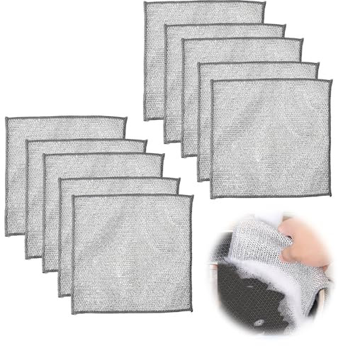 Zueyen Lot de 10 chiffons de nettoyage pour vaisselle, chiffon de nettoyage pour verre, chiffon à vaisselle en fil métallique, chiffon de nettoyage multifonction en microfibre