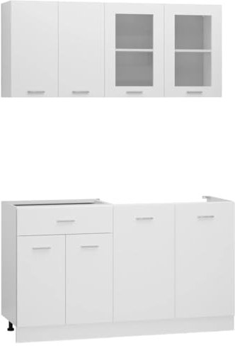 Willood 4-TLG. Küchenzeile Küchenschrank Einbauküche Küchenblock Hängeschrank Spülenunterschrank Schubunterschrank Hängeglasschrank Weiß Holzwerkstoff