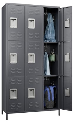 SUPEER Casier Métallique Verrouillable 9 Compartiments avec Ventilation - Armoire de Rangement Sécurisée pour Entreprises, Écoles, Salles de Sport et Bureaux - Gris foncé