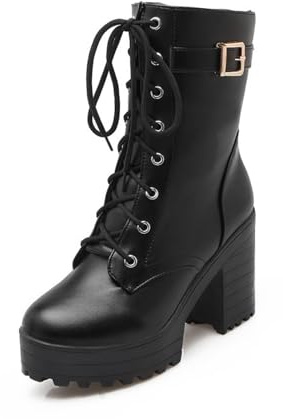 MEECHI Botines Góticos con Plataforma Boots Moteros De Cuero PU for Mujer Botas Cortas Tacón Bloque con Hebilla Botas con Cordones Otoño Invierno Zapatos De Tobillo for Fiesta(Black,38 EU)