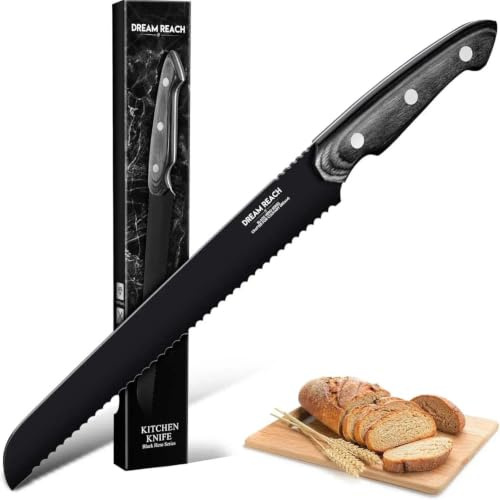 Dream Reach Cuchillo de Pan Profesional, Hoja Sierra Negra Acero Inoxidable, Mango Madera Ergonómico, para Pan Crujiente