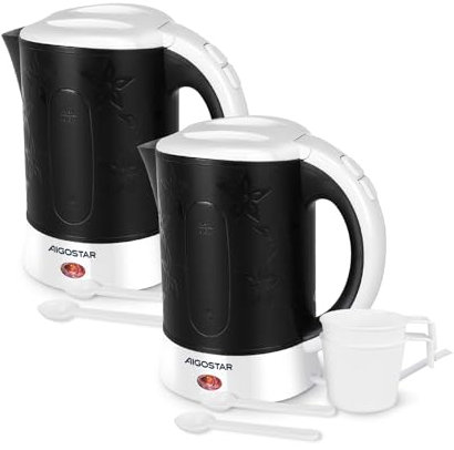 Aigostar Cooltravel – Petite Bouilloire électrique de 0,6 Litres et 650W, Compacte Mini bouilloire de Voyage et Sans BPA, Deux Tasses et Deux Cuillères Incluses, léger, Filtre anticalcaire, 2 Pack