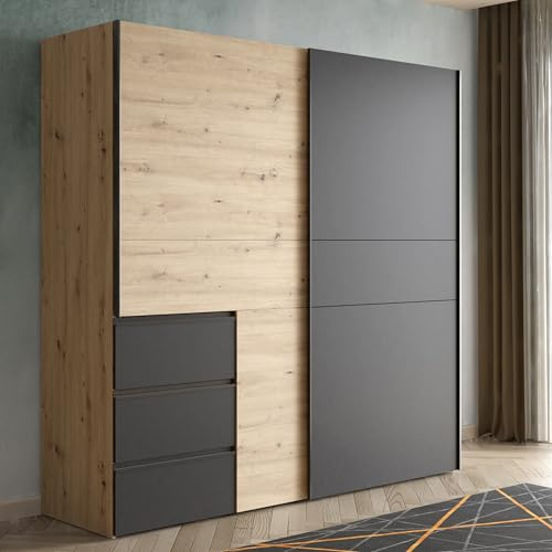 FORTE LUCYKO Kleiderschrank 200, Schrank mit 2 Schwebetüren und 3 Schubladen, Holzwerkstoff, Artisan Eiche Dekor/Schwarz, 200,1 cm breit, 200,5 cm hoch, 61,2 cm tief