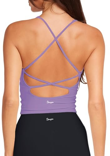 Danysu Spring Tops for Women Longline Sports Bras Workout Tops for Women Light Support Strappy Padded Yoga Top V Neck Iris Purple S