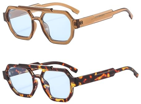 YAMEIZE Retro Gafas de Sol Piloto Doble Puente para Mujere Hombre Vintage Hexagonal 70s Sun Glasses