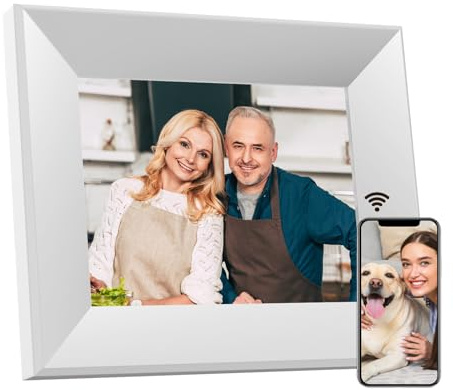 Cornice Digitale 8 pollici, BWJBSW WiFi Smart Cloud Cornici Elettronica in Legno, HD IPS Schermo Touch da 1280x800, 16GB di Memoria, Auto Rotazione, Condividi Foto e Video con la Famiglia e Amico