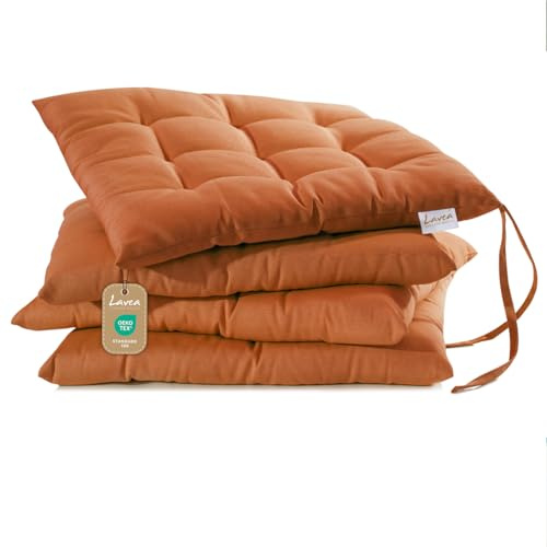 Lavea® Coussins de Chaise 40x40 cm – Lot de 4 avec Attaches – Confortables et lavables pour intérieur, extérieur - pour Jardin, Balcon, terrasse et Cuisine - Terracotta