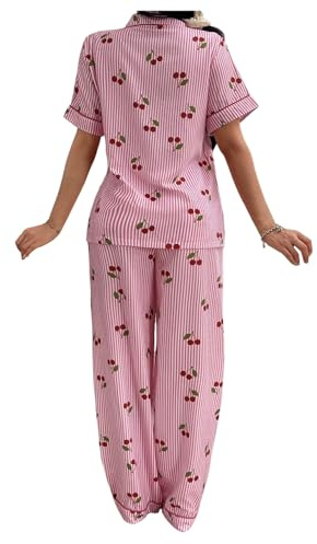 GORGLITTER Women's 2 Piece Cherry Print Striped Pyjama Sets Button Down Short Sleeve Pjs Pants Nightwear Pink Medium