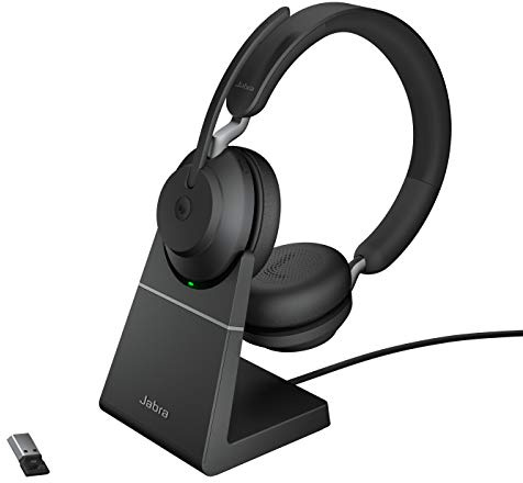 Jabra Evolve2 65 Bluetooth Wireless Headset with Mic for Calls and Music, Dual-Ear Headphones with USB-A Adapter and Charging Stand, Up to 37 Hours Battery, Works with Microsoft Teams, Black