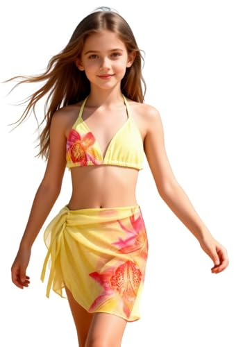 Maillot de Bain Fille Bikini Enfant Fille avec Paréo Ensemble de Bain Taille Haute Ensemble De Plage Filles Bretelles Réglables Été Maillot De Bikini Adolescente Natation Piscine Plage 7-12 Ans