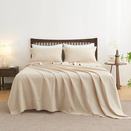 Simple&Opulence Belgian Linen Sheet Set Solid Color - 4 Pieces (1 Flat Sheet, 1 Fitted Sheet & 2 Pillowcases) Natural Flax Cotton Blend Soft Breathable Farmhouse Bedding - Full Size, Linen/Beige