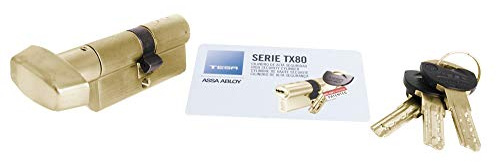 Tesa Assa Abloy, TX8B3035L, Cilindro de Alta Seguridad, TX80, Doble Embrague, Leva Larga, Llave - Botón, Latonado, 30 x 35 mm