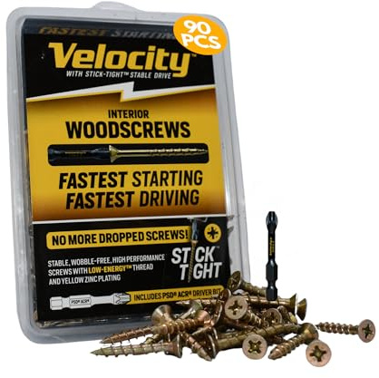Velocity Interior 1 1/2 Inch Wood Screws DIY Pack (Size #10, 90 Pcs) – Zinc and Yellow Coating, Stick-Tight Technology, Screw for Wood Working with PSD ACR Driver Bit