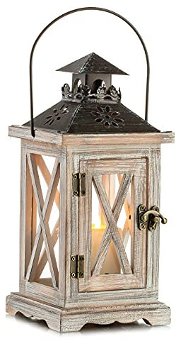 Romadedi Laterne Holz Kerzenständer Windlicht Gartenwindlicht - Rustikale Landhaus Kerzenhalter mit Metall & Glas für Kerzen Vintage Hochzeit Party Weihnachten Tischdeko Innen und Außen Deko 28cm