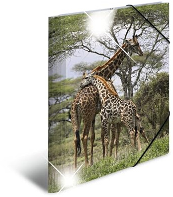 HERMA Collector's Folders A4 Giraffe Set of 3 Children's Plastic Corner Folder with Animal Motif, High Gloss Look, Elastic Band, Inner Flaps and Inner Print for Boys and Girls