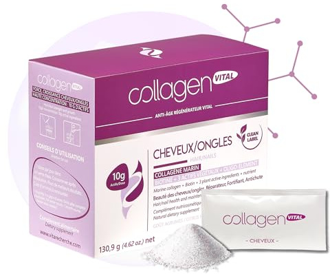 Collagen Vital - Collagen Vital Cheveux & Ongles - Biopeptides de Pur Collagène Marin - Prévention, Réparation, Protection et Préservation - Fabrication Française - 15 Sachets, 130g