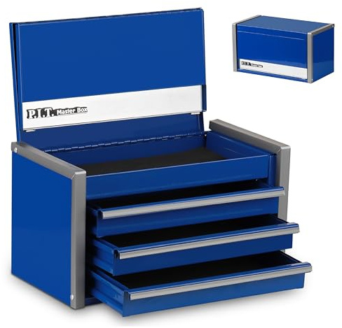 P.I.T. Mini Blue Tool Box, Portable 3 Drawer Steel Stackable Tool Box with Magnetic Tab Locking, Blue Micro Top Chest with Liner for Tools Storage and Organizers, Home DIY