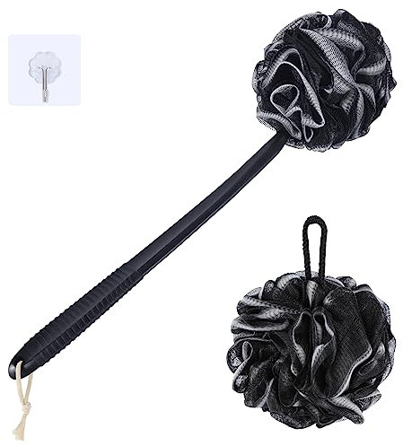 VANZAVANZU Juego de Esponjas de Lufa Exfoliante, Mango Antideslizante de Plástico de 43 cm con Esponja Esponjosa para la Ducha, Esponjas de Malla Suave PE - Negro con borde blanco