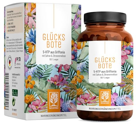 NATURTREU® GLÜCKSBOTE 5-HTP Komplex – 90 vegane Kapseln mit 100mg 5-HTP aus Griffonia, Safran, Zitronenmelisse & Vitamin B6 – hochdosiert, ohne Zusatzstoffe – Stimmungskapseln
