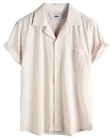 VATPAVE Herren Gestreifte Sommerhemd Casual Button Down Kurzarm Strand HawaiiHemd Mittel Khaki Aloha