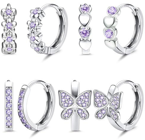 JeweBella 4 Pares Pequeños Pendientes de Aro para Mujer Niñas Hipoalergénico Pendientes Flores Corazón Mariposa Zirconia Pendientes Aro Huggie de 925 Agujas de Plata Juego de Pendientes Joyas Regalo