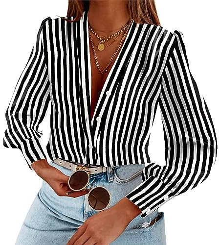 Flowyair Women's Casual Striped Shirts Puff Long Sleeve V Neck Silk Button Down Top Blouses Y-Black