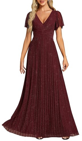 Ever-Pretty Vestito Donna Elegante Cerimonia Lungo Brillante Pieghe Maniche a Volant Stile Impero Abito da Sera Donna Borgogna 36