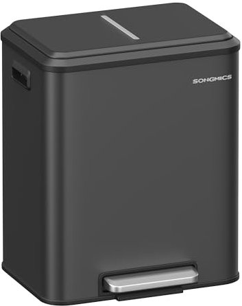 SONGMICS Mülleimer Küche, Mülltrennsystem 2 x 15 L, 2 Fächer für Recycling und Restmüll, Abfalleimer, Inneneimer, Stahl, Softclose-Deckel, breites robustes Pedal, tintenschwarz LTB544B02