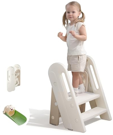 hoopyosms Scaletta Bambini Pieghevole, Sgabello Bambini per Bagno e Cucina, Altezza Regolabile, Antiscivolo, Sedile per WC per Apprendimento, Cachi