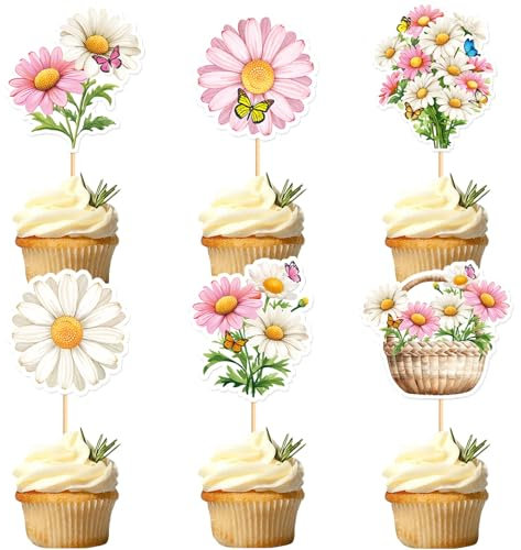 Blumomon 24 Stück Daisy Caketopper Blume Tisch Tortendekoration Blumen KuchenTopper Braut Baby Dusche Dekorationen Engagement Party Dekorationen